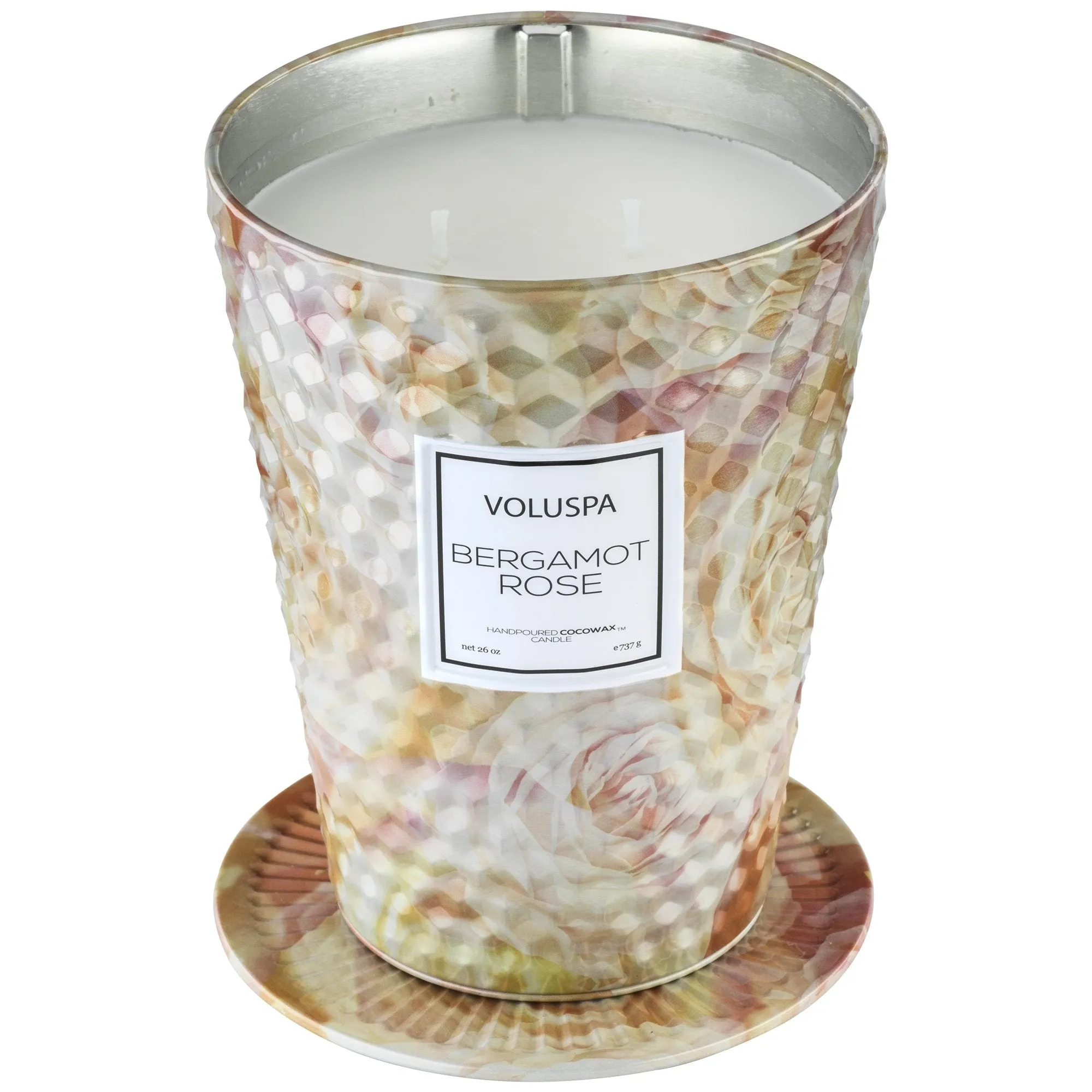 2 Wick Tin Table Candle in Bergamot Rose design by Voluspa