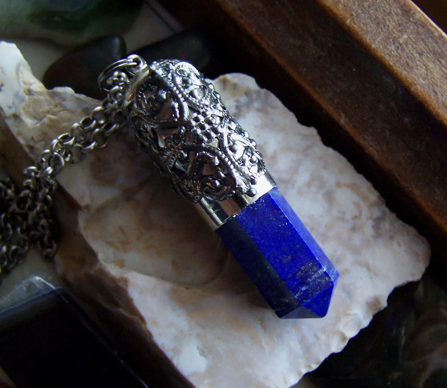 Blue Lapis Lazuli Filigree Bullet Jewelry Pendant Necklace