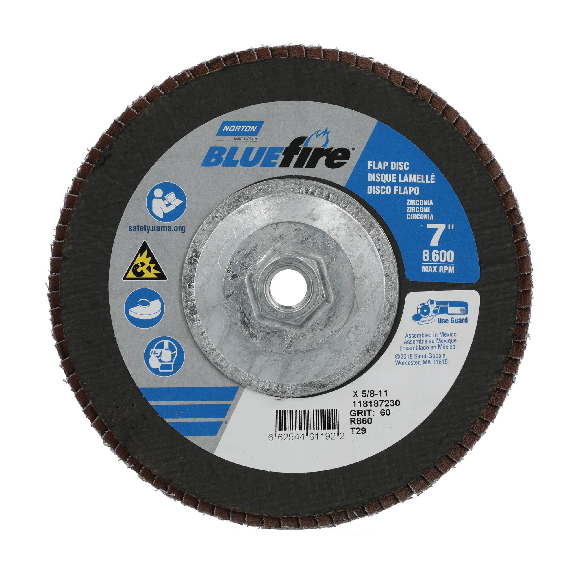 Norton 7 x 5/8 - 11 In. BlueFire Fiberglass Conical Flap Disc T29 P60 Grit R884P ZA 10 Count