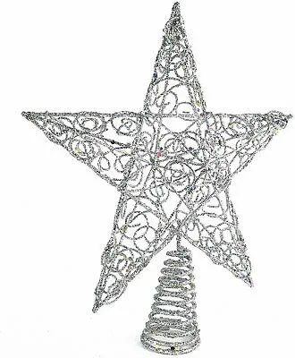 Silver Star Tree Topper - Christmas Swirl Design Sparkle Star Treetop Ornament