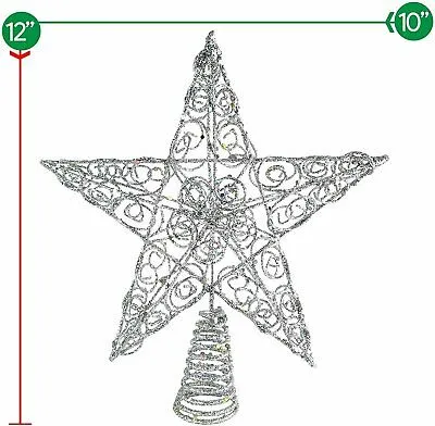 Silver Star Tree Topper - Christmas Swirl Design Sparkle Star Treetop Ornament