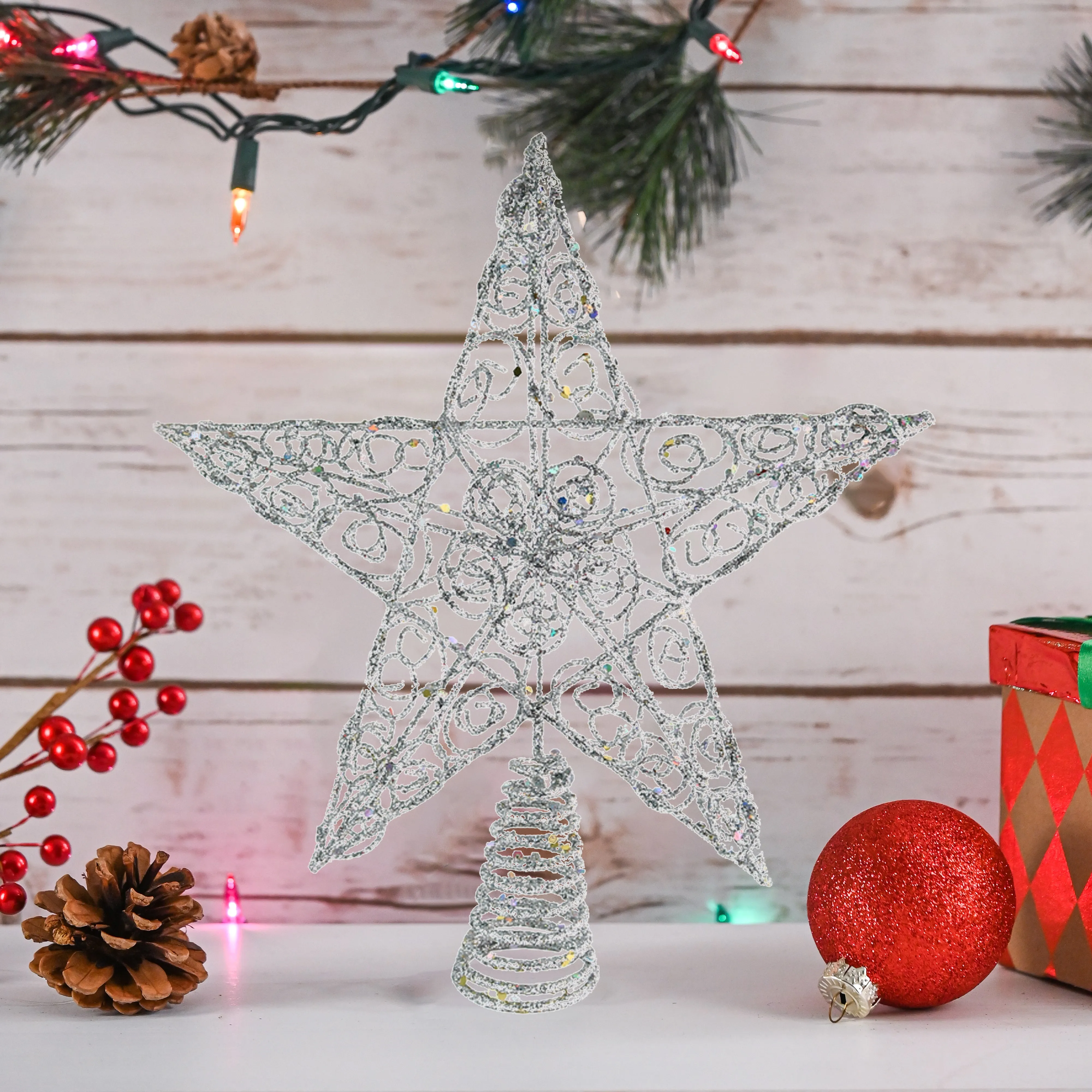 Silver Star Tree Topper - Christmas Swirl Design Sparkle Star Treetop Ornament