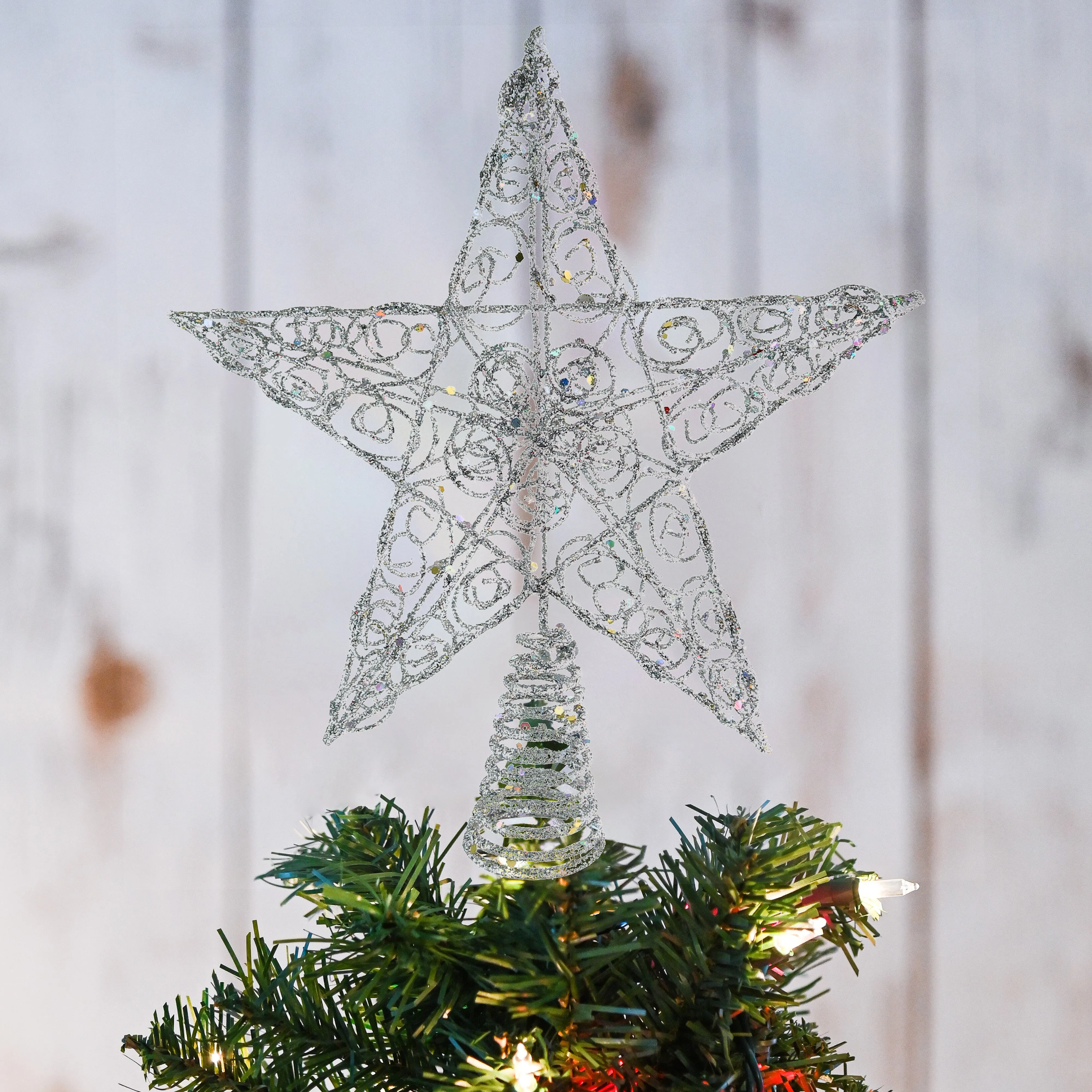 Silver Star Tree Topper - Christmas Swirl Design Sparkle Star Treetop Ornament