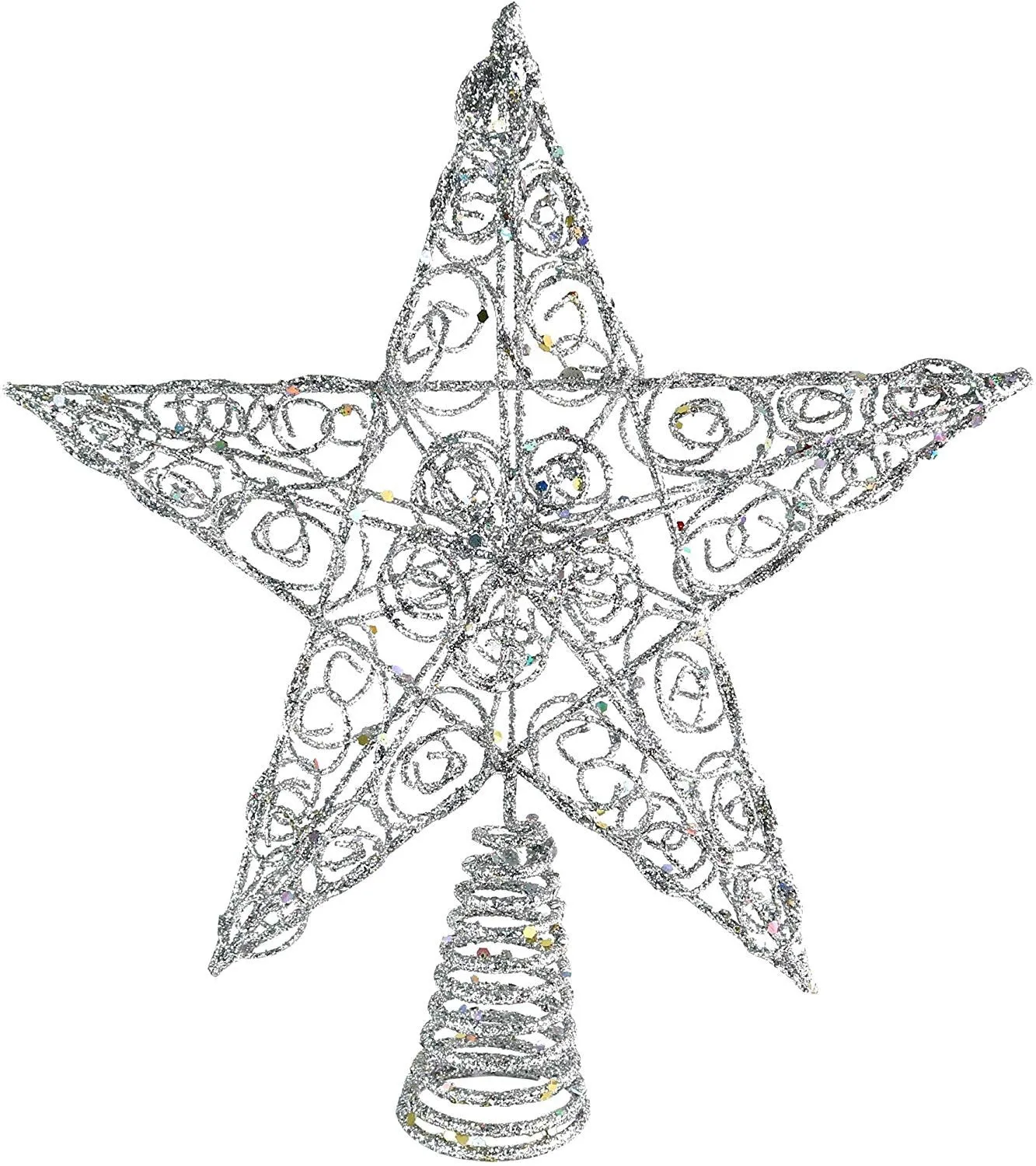 Silver Star Tree Topper - Christmas Swirl Design Sparkle Star Treetop Ornament