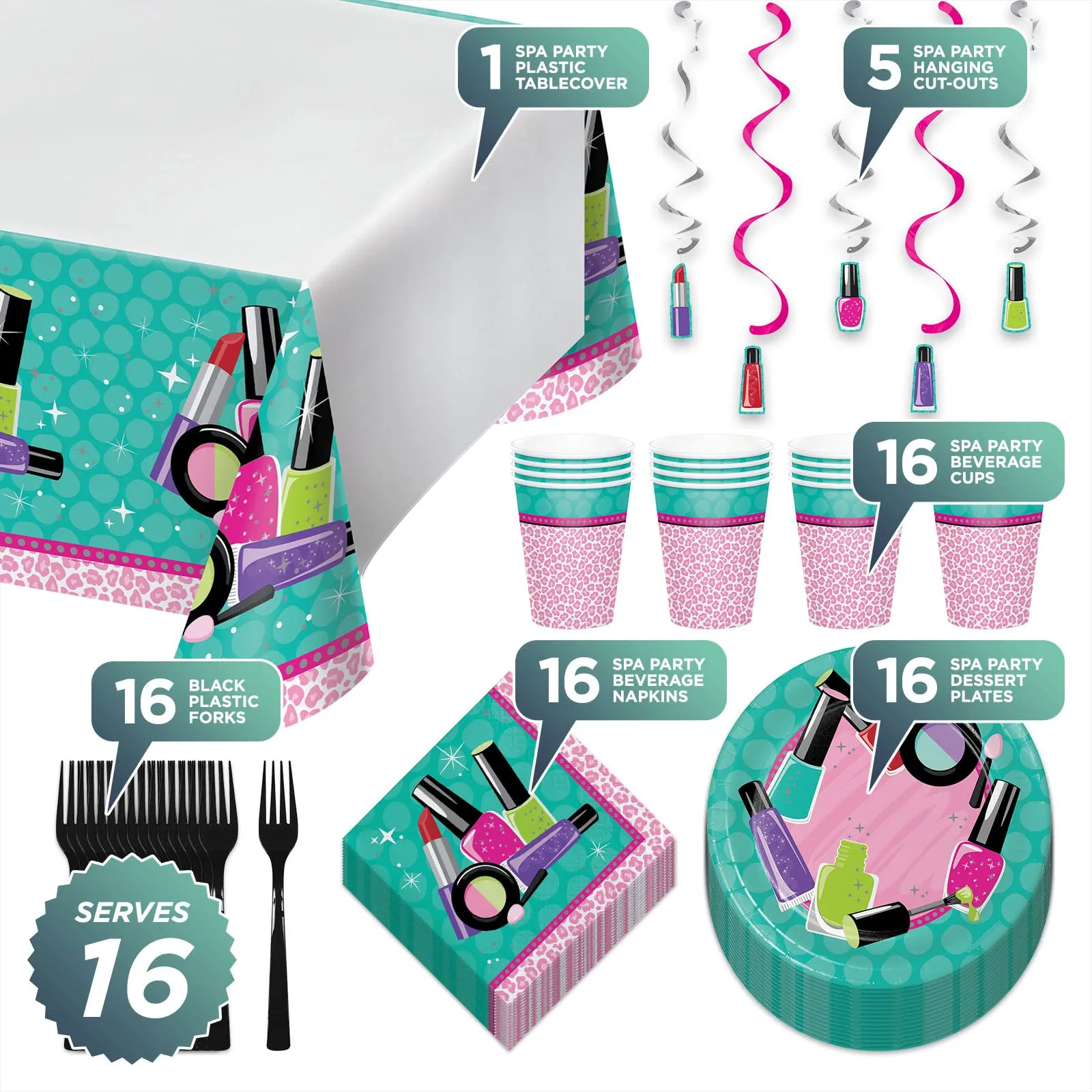 Sparkle Spa Beauty & Makeup Party Dessert Pack - Plates, Napkins, Cups, Forks, Table Cover, and Hanging Cutouts Set (Serves 16)