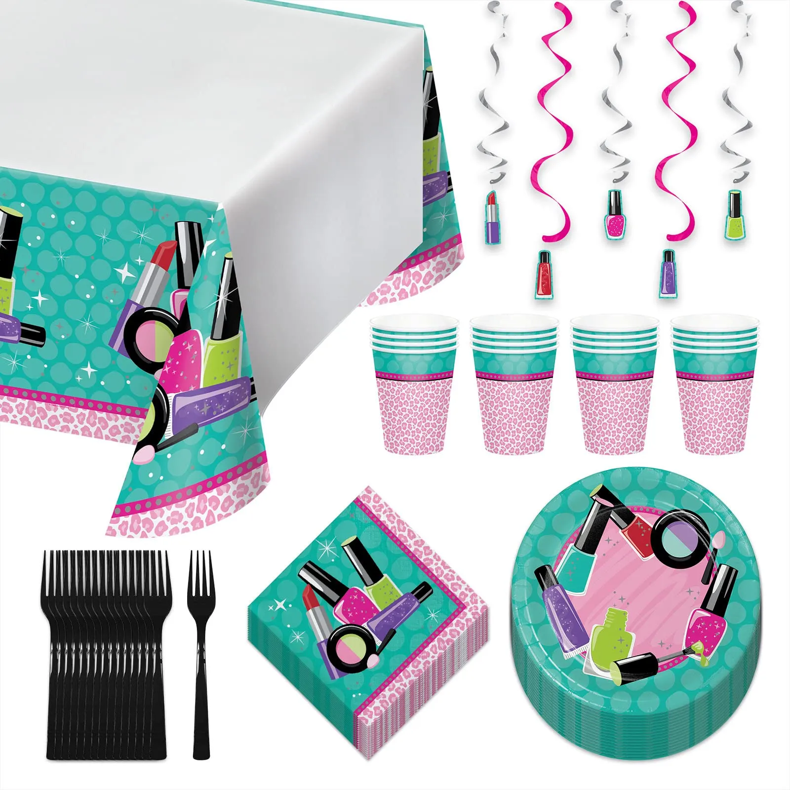 Sparkle Spa Beauty & Makeup Party Dessert Pack - Plates, Napkins, Cups, Forks, Table Cover, and Hanging Cutouts Set (Serves 16)